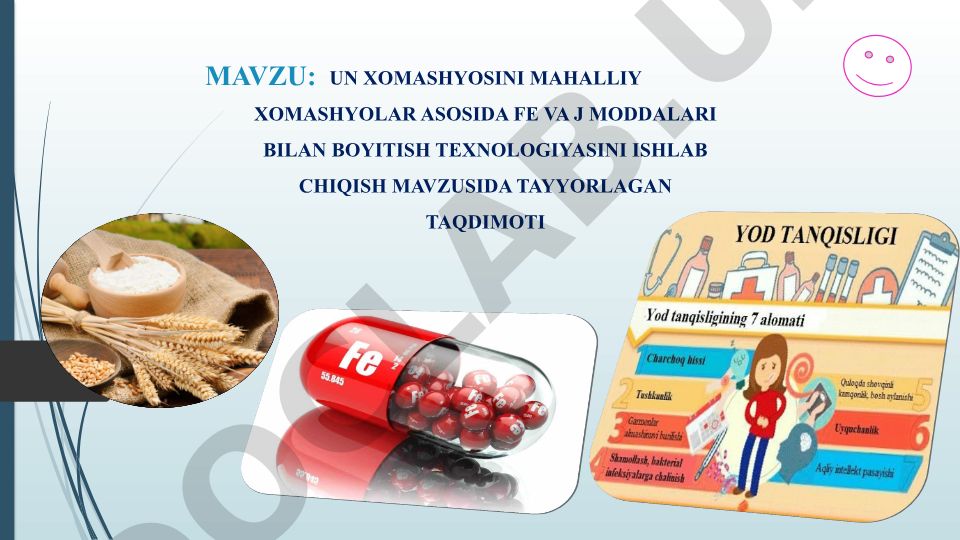 UN XOMASHYOSINI MAHALLIY XOMASHYOLAR ASOSIDA FE VA J MODDALARI BILAN BOYITISH TEXNOLOGIYASINI ISHLAB CHIQISH