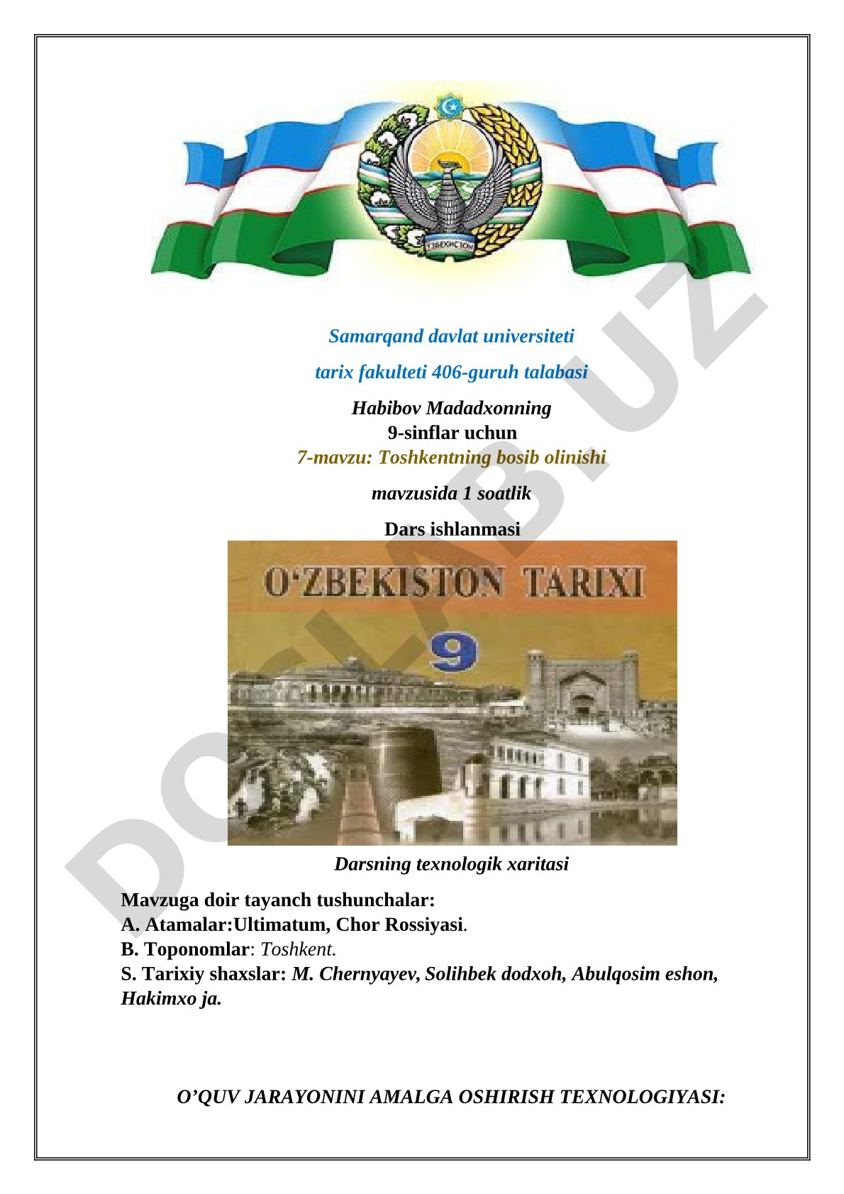 9-sinf uchun Toshkentning bosib olinishi mavzusida dars ishlanmasi, texnologik xarita