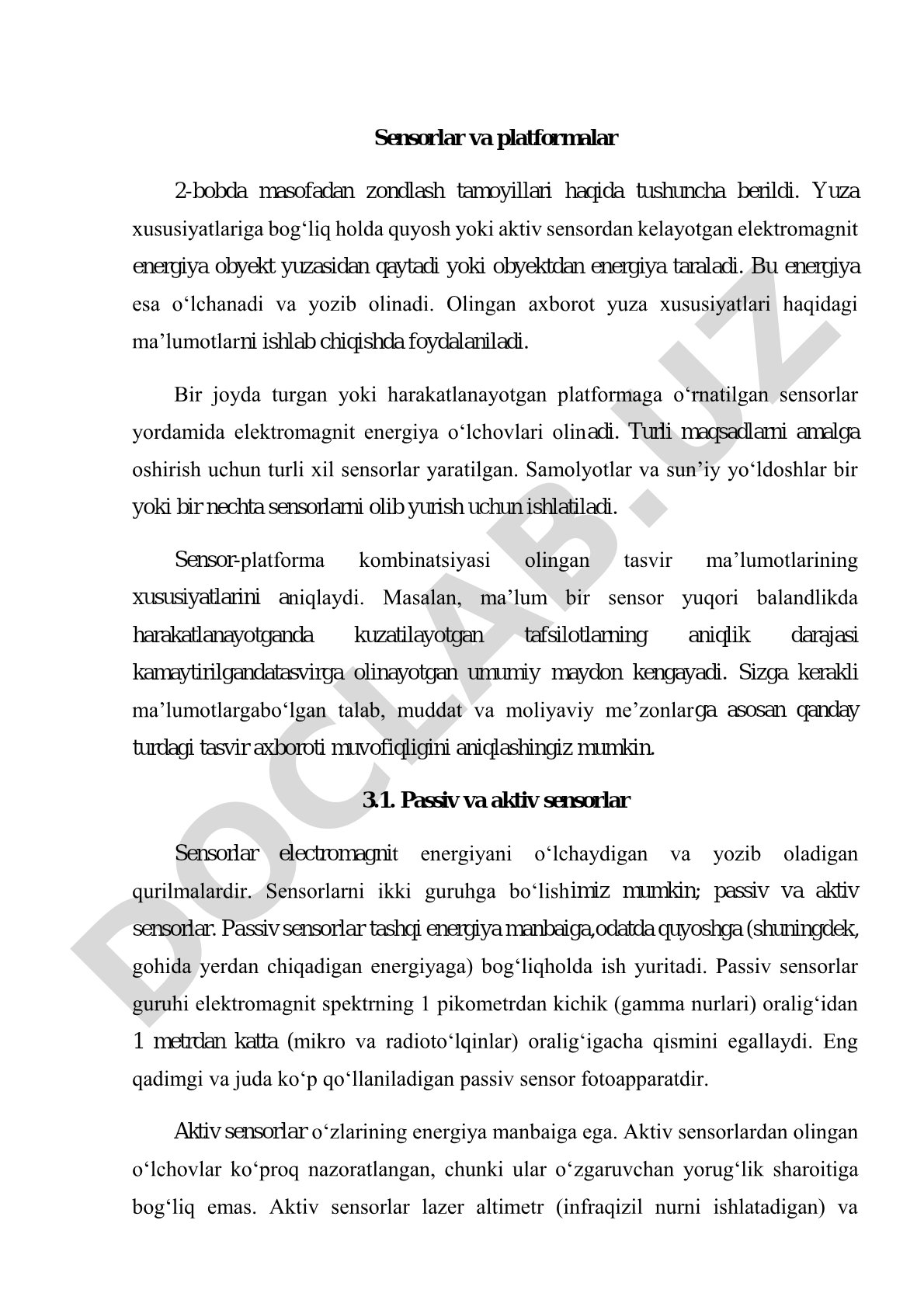 Sensorlar va platformalar: masofadan zondlash tamoyillari