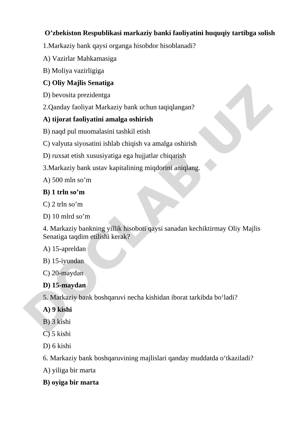 O’zbekiston Respublikasi markaziy banki faoliyatini huquqiy tartibga solish