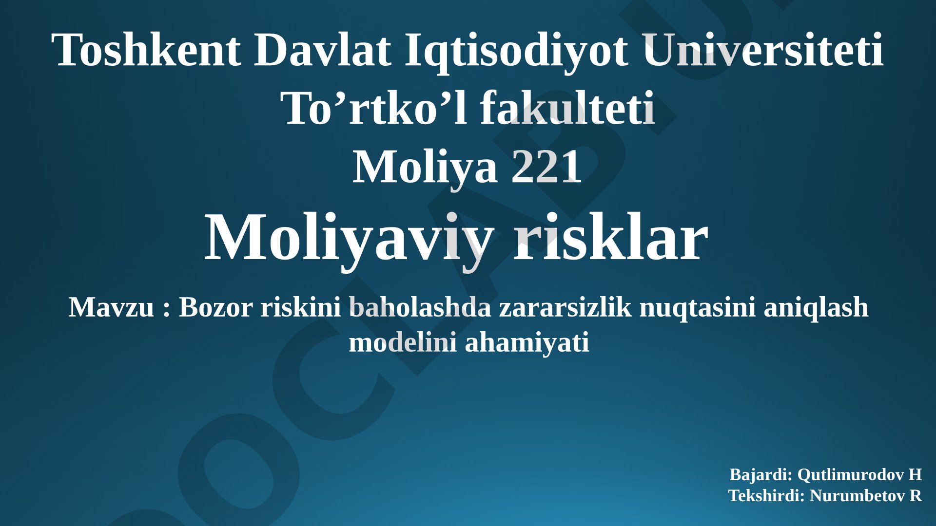 Bozor riskini baholashda zararsizlik nuqtasini aniqlash modelini ahamiyati