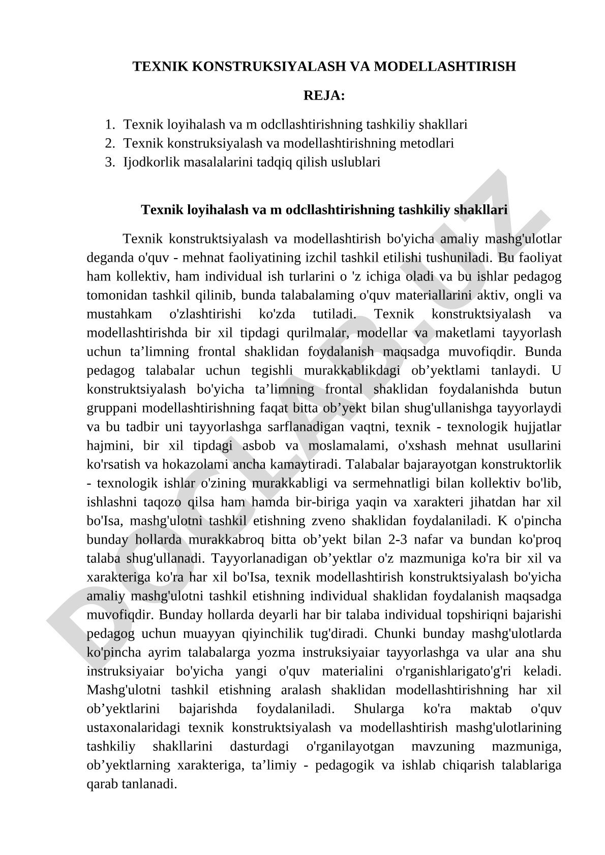Texnik konstruksiyalash va modellashtirish reja
