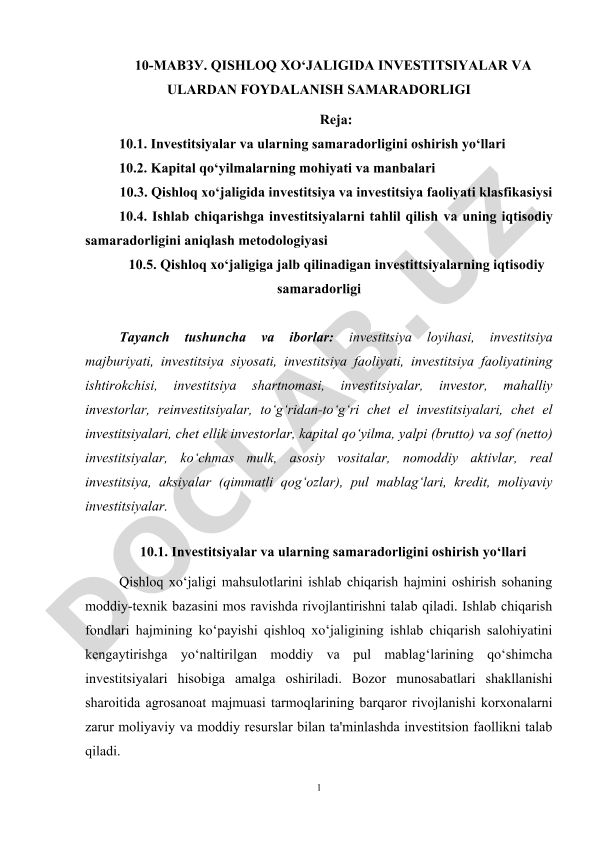 Qishloq xo'jaligida investitsiyalar va ulardan foydalanish samaradorligi