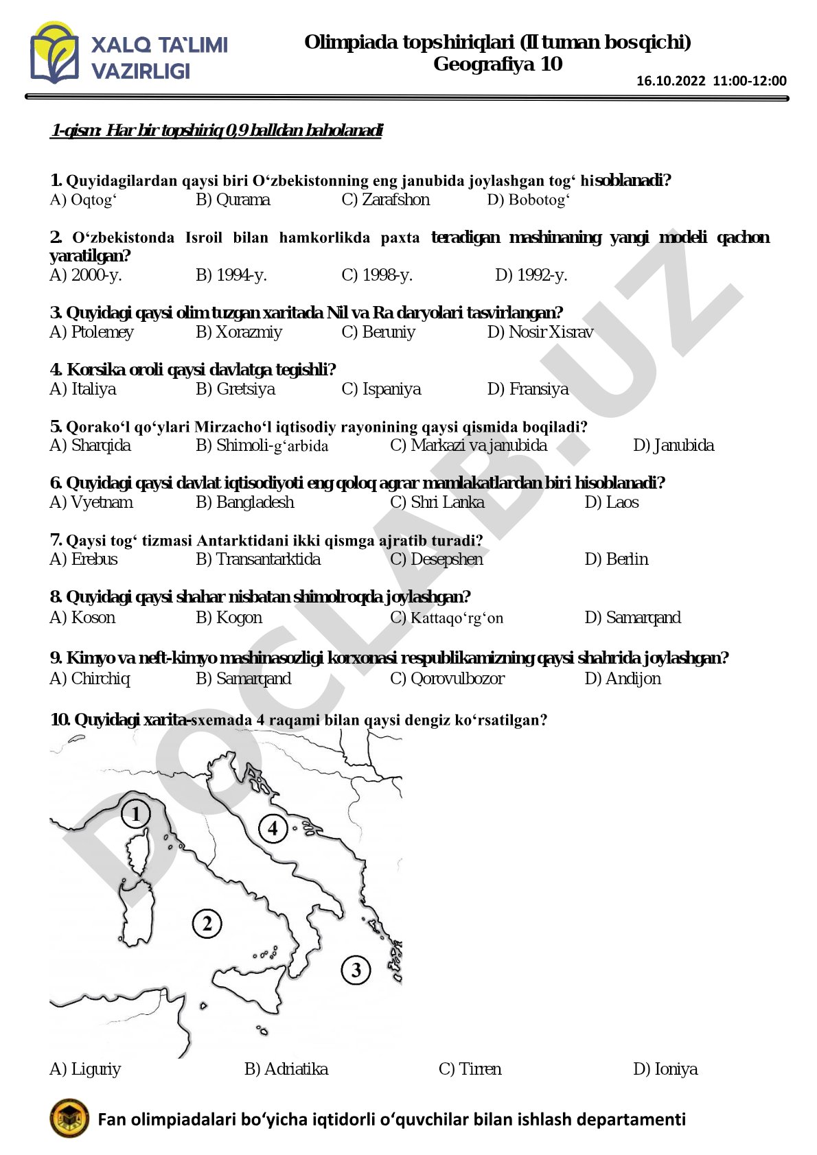 Olimpiada topshiriqlari (II tuman bosqichi) Geografiya 10
