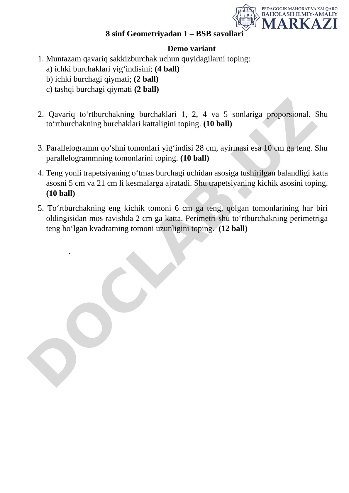 8 sinf Geometriyadan 1 – BSB savollari demo varianti