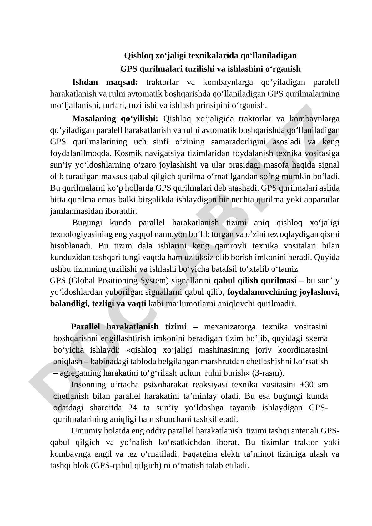 Qishloq xo‘jaligi texnikalarida qo‘llaniladigan GPS qurilmalari tuzilishi va ishlashini o‘rganish