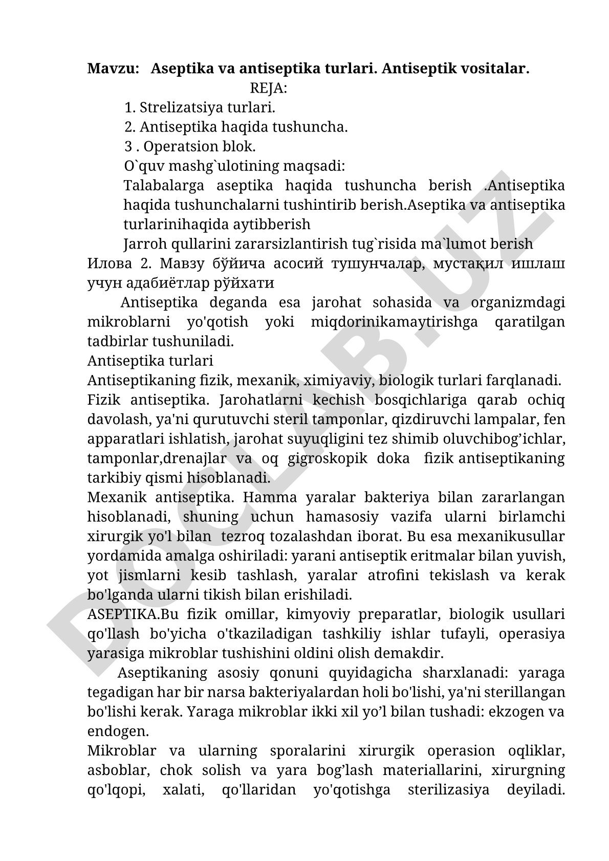 Aseptika va antiseptika turlari. Antiseptik vositalar.