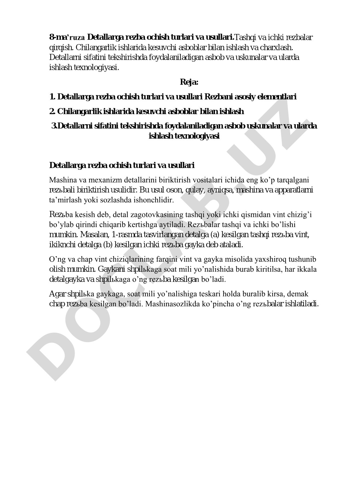 Detallarga rezba ochish turlari va usullari