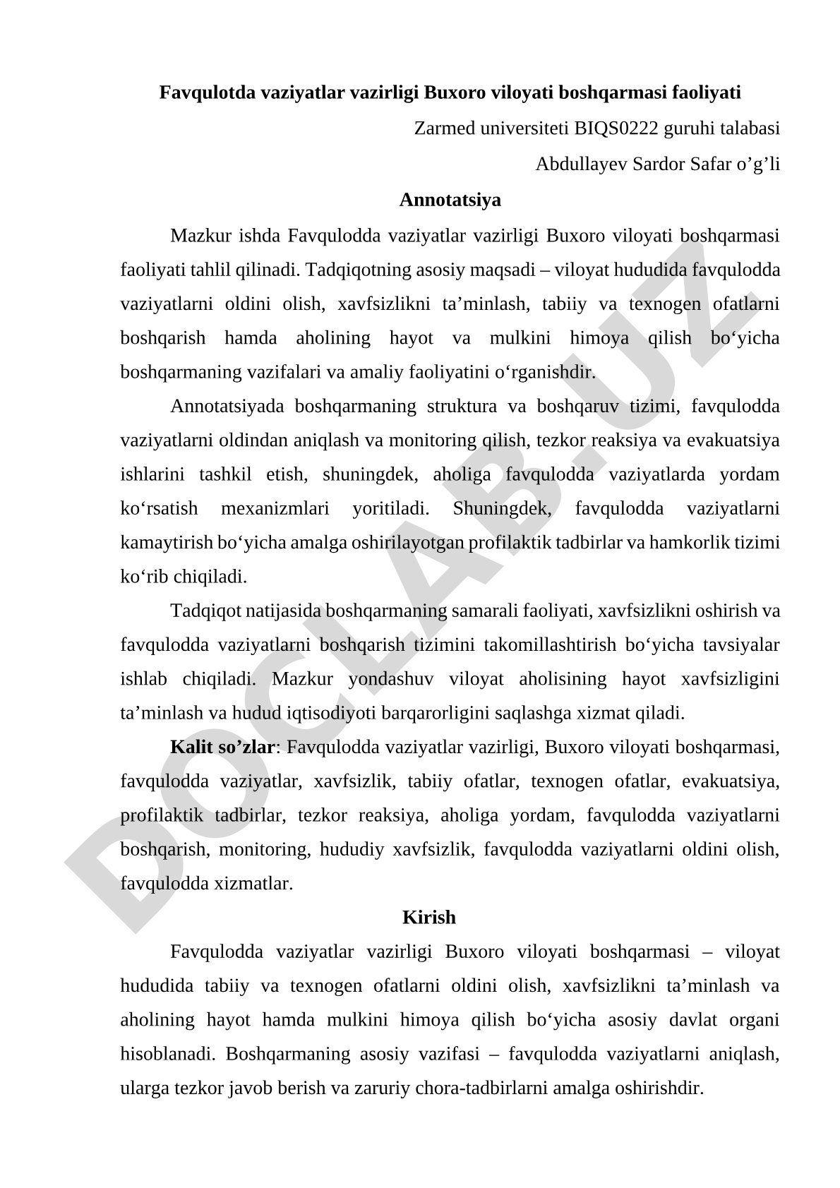 Favqulotda vaziyatlar vazirligi Buxoro viloyati boshqarmasi faoliyati