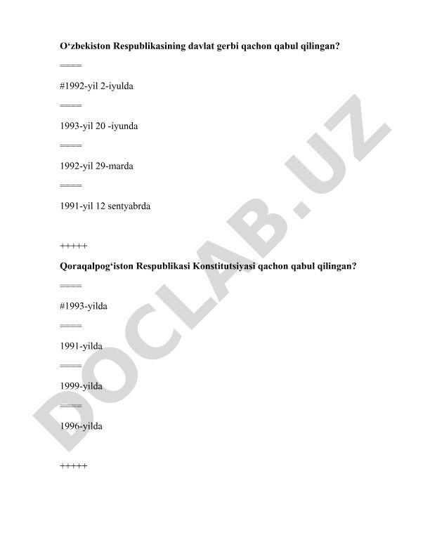 O'zbekiston tarixi va davlat tuzilishi bo'yicha test savollari