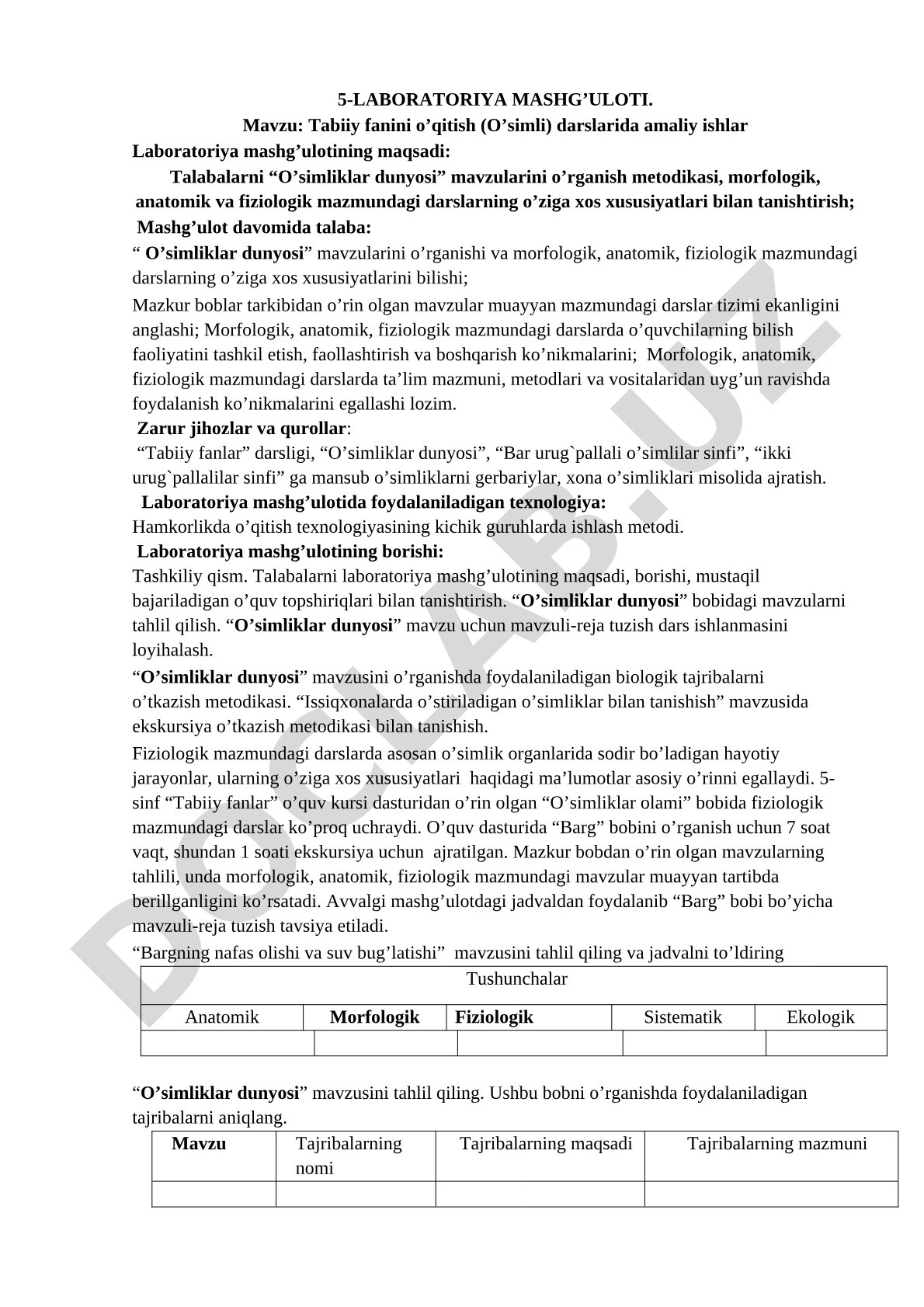 Tabiiy fanini o’qitish (O’simli) darslarida amaliy ishlar
