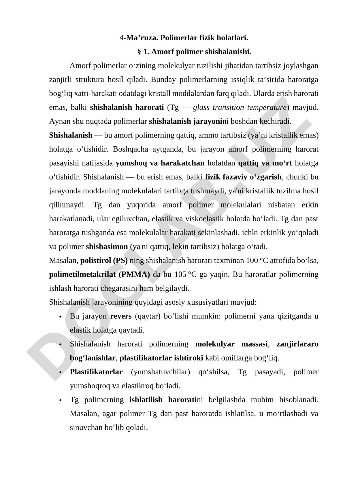 Polimerlar fizik holatlari: amorf polimer shishalanishi