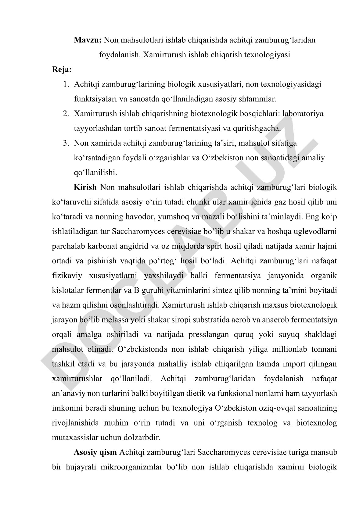 Non mahsulotlari ishlab chiqarishda achitqi zamburug‘laridan foydalanish. Xamirturush ishlab chiqarish texnologiyasi