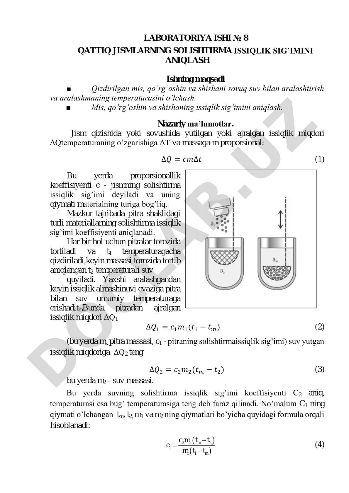 Qattiq jismlarning solishtirma issiqlik sig’imini aniqlash