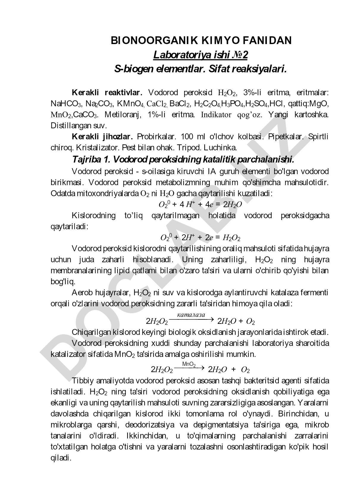 S-biogen elementlar va vodorod peroksidning katalitik parchalanishi