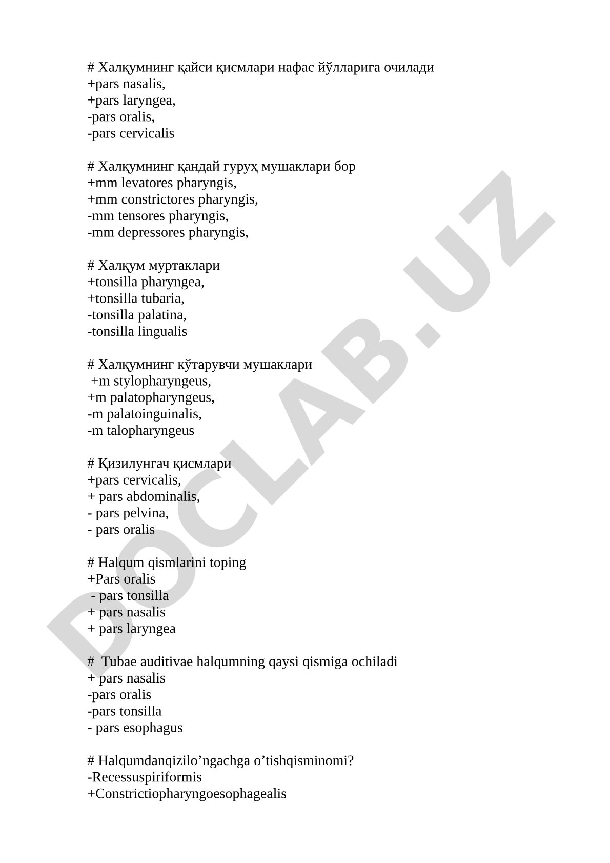 Halqum anatomiyasi test savollari