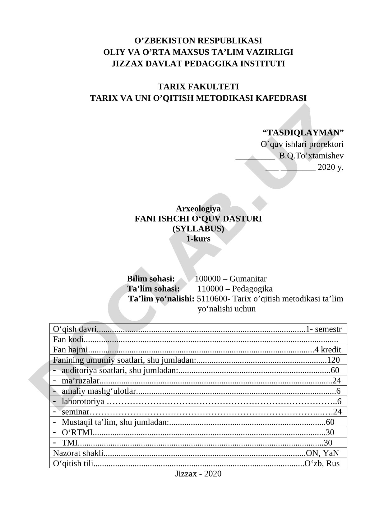 Arxeologiya fani ishchi o'quv dasturi