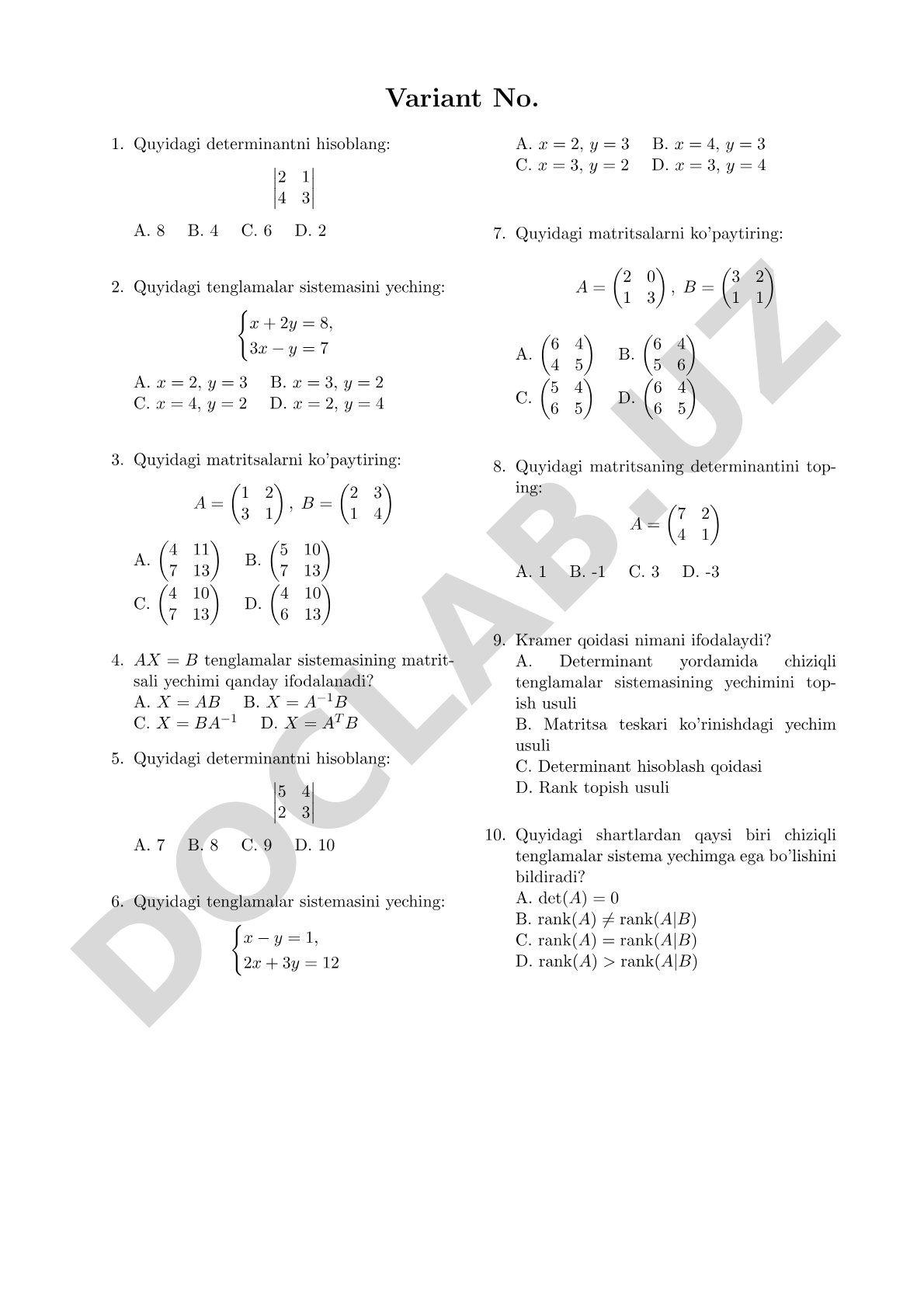 Chiziqli algebra determinant va matritsalar bo'yicha testlar