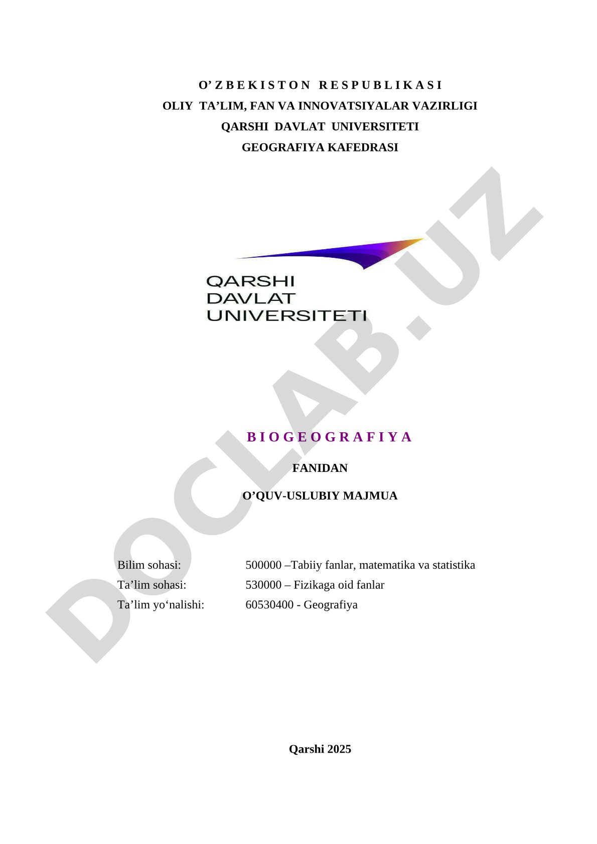 Biogeografiya fanidan o'quv-uslubiy majmua