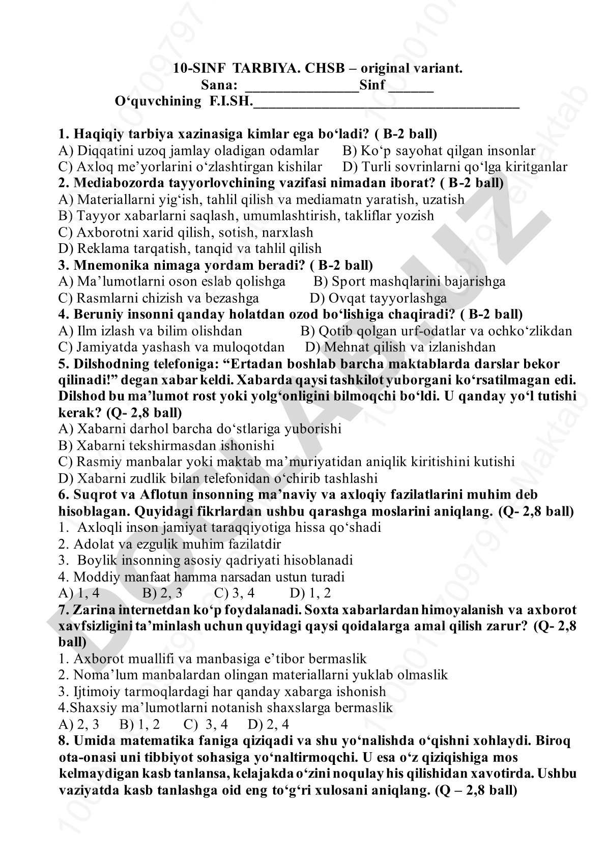 10-sinf Tarbiya fanidan CHSB test
