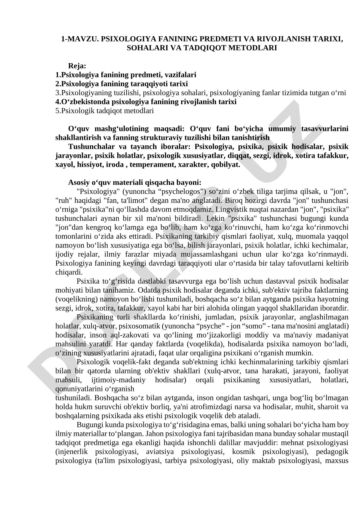 Psixologiya fanining predmeti va rivojlanish tarixi, sohalari va tadqiqot metodlari