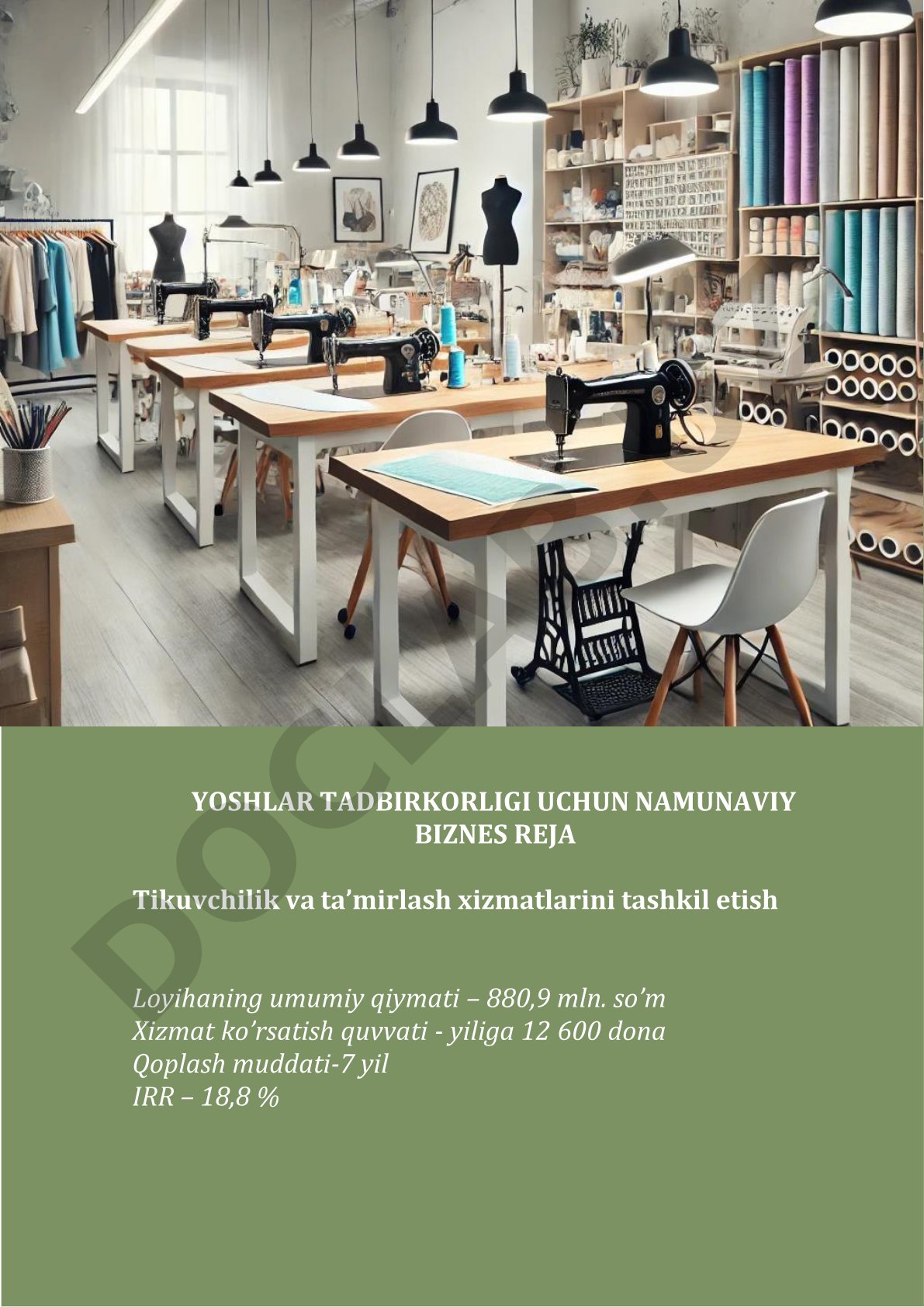 Yoshlar tadbirkorligi uchun tikuvchilik va ta’mirlash xizmatlari biznes rejasi