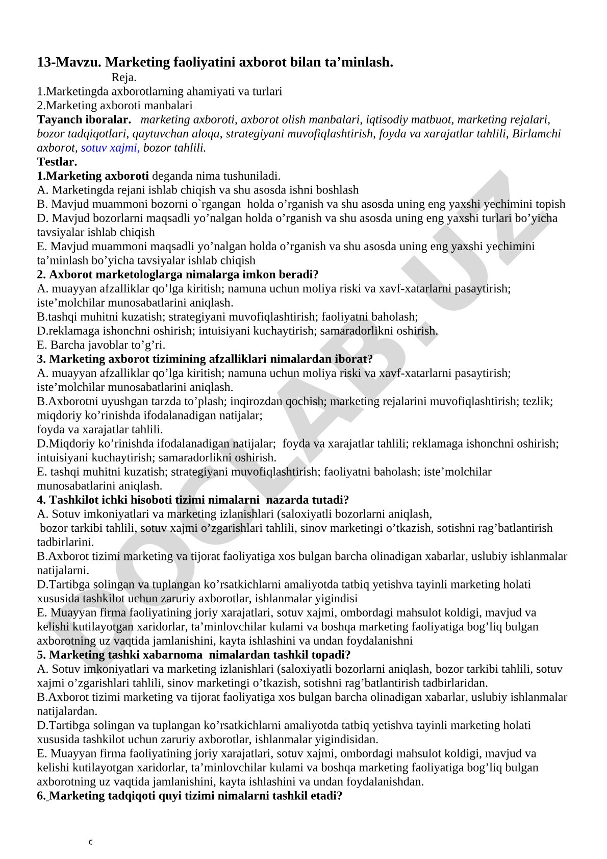 Marketing faoliyatini axborot bilan ta’minlash