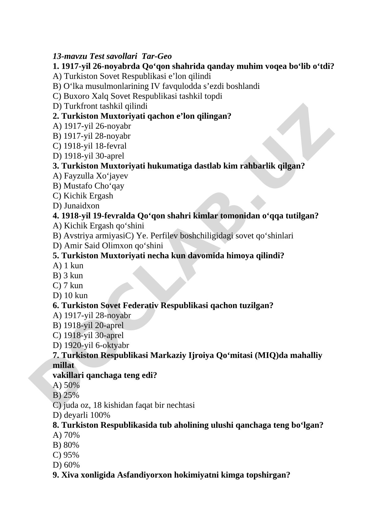 Turkiston Muxtoriyati va Turkiston Sovet Respublikasi tarixi test savollari