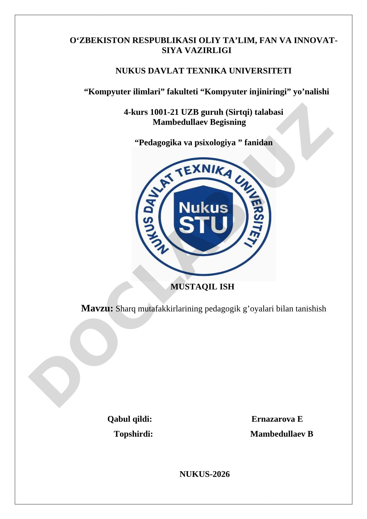 Sharq mutafakkirlarining pedagogik g’oyalari bilan tanishish