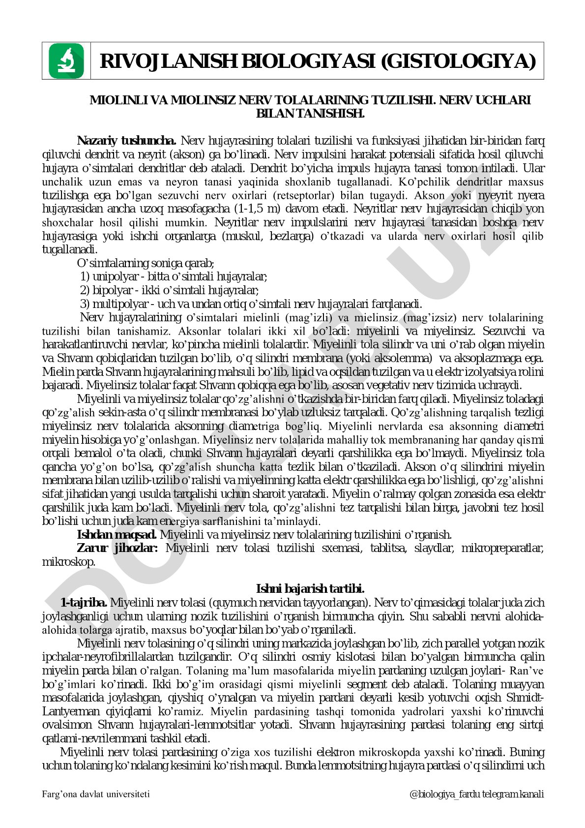 Miyelinli va miyelinsiz nerv tolalari tuzilishi