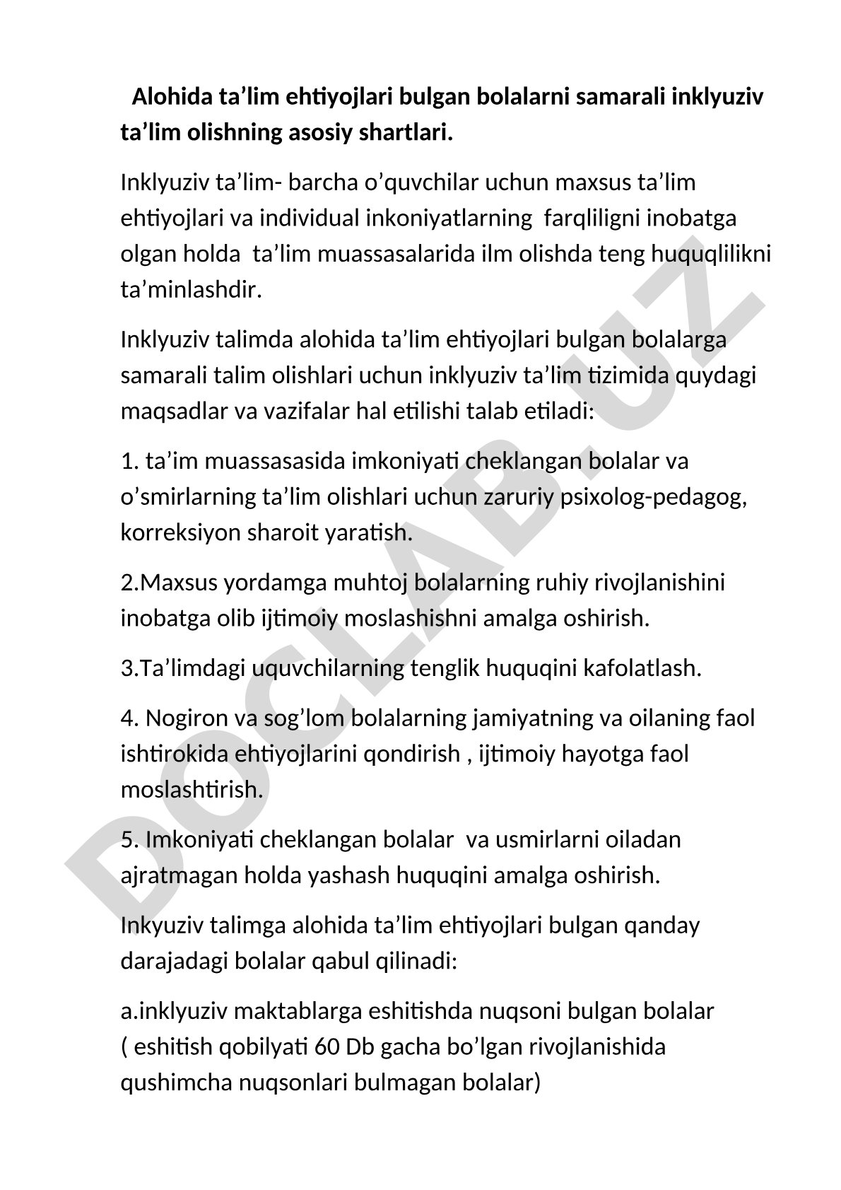 Alohida ta’lim ehtiyojlari bulgan bolalarni samarali inklyuziv ta’lim olishning asosiy shartlari