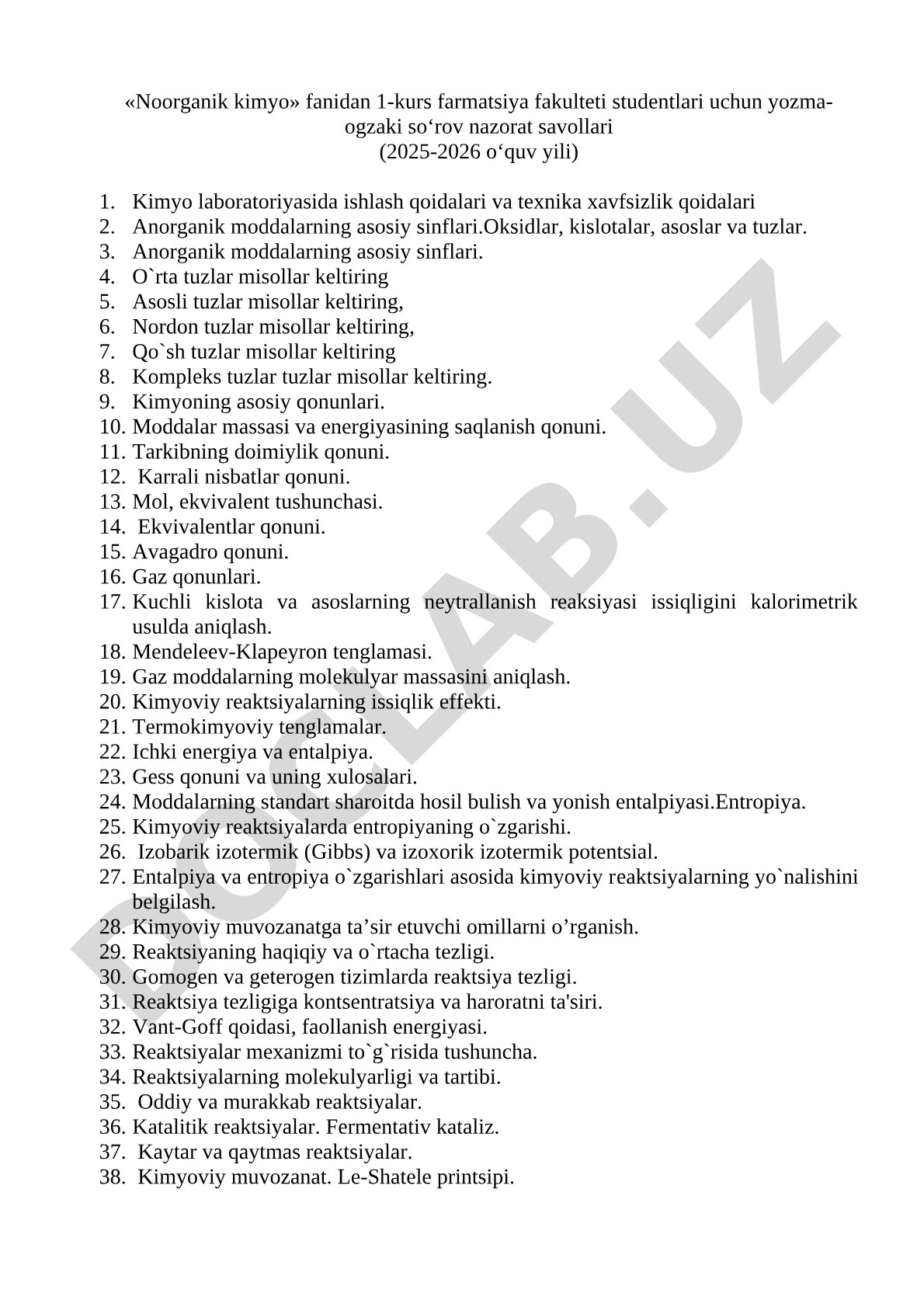 Noorganik kimyo fanidan 1-kurs farmatsiya fakulteti studentlari uchun yozma-ogzaki so'rov nazorat savollari