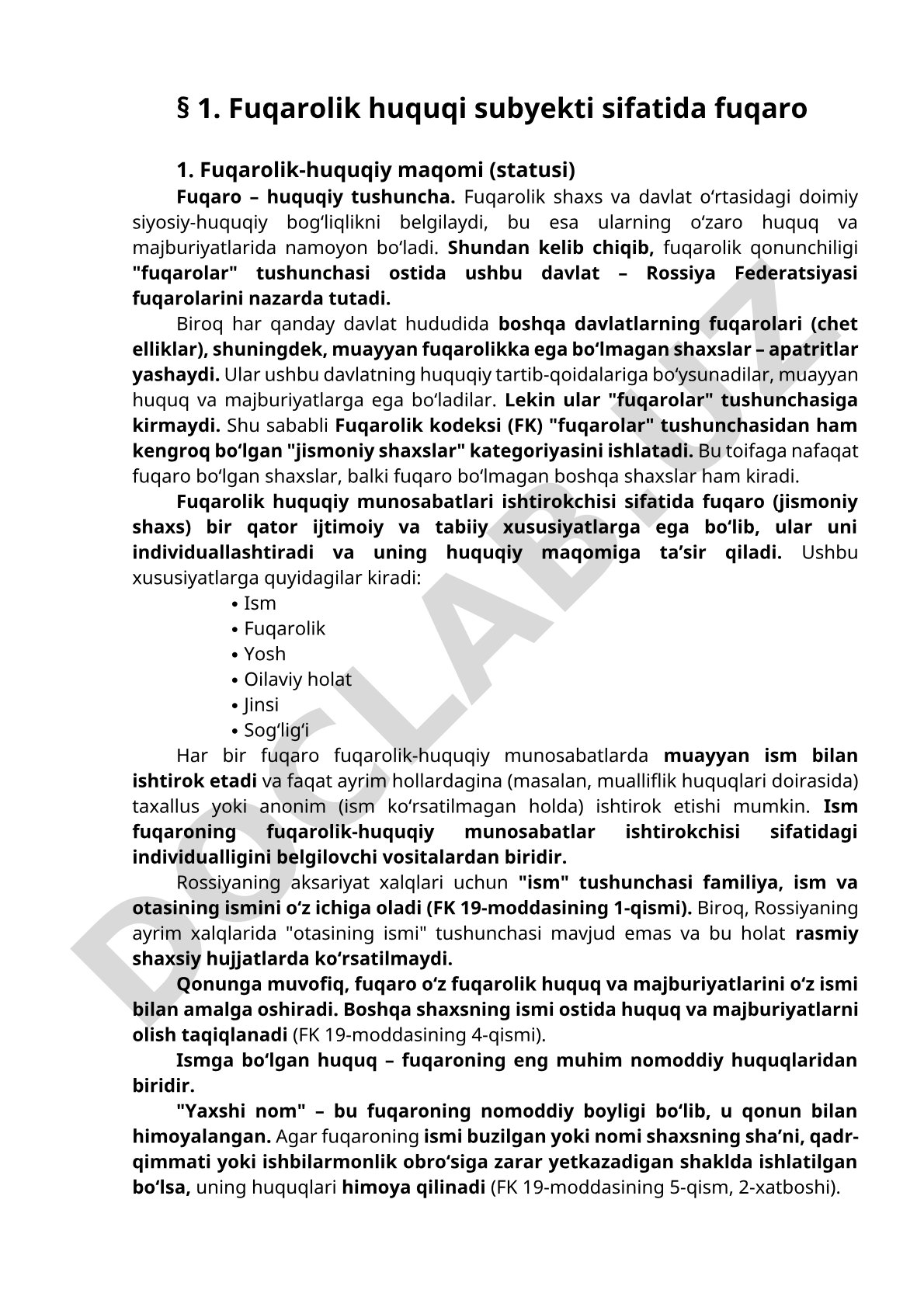 Fuqarolik huquqi subyekti sifatida fuqaro