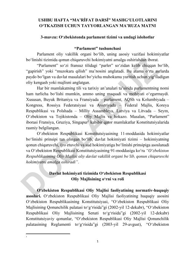 O‘zbekistonda parlament tizimi va undagi islohotlar