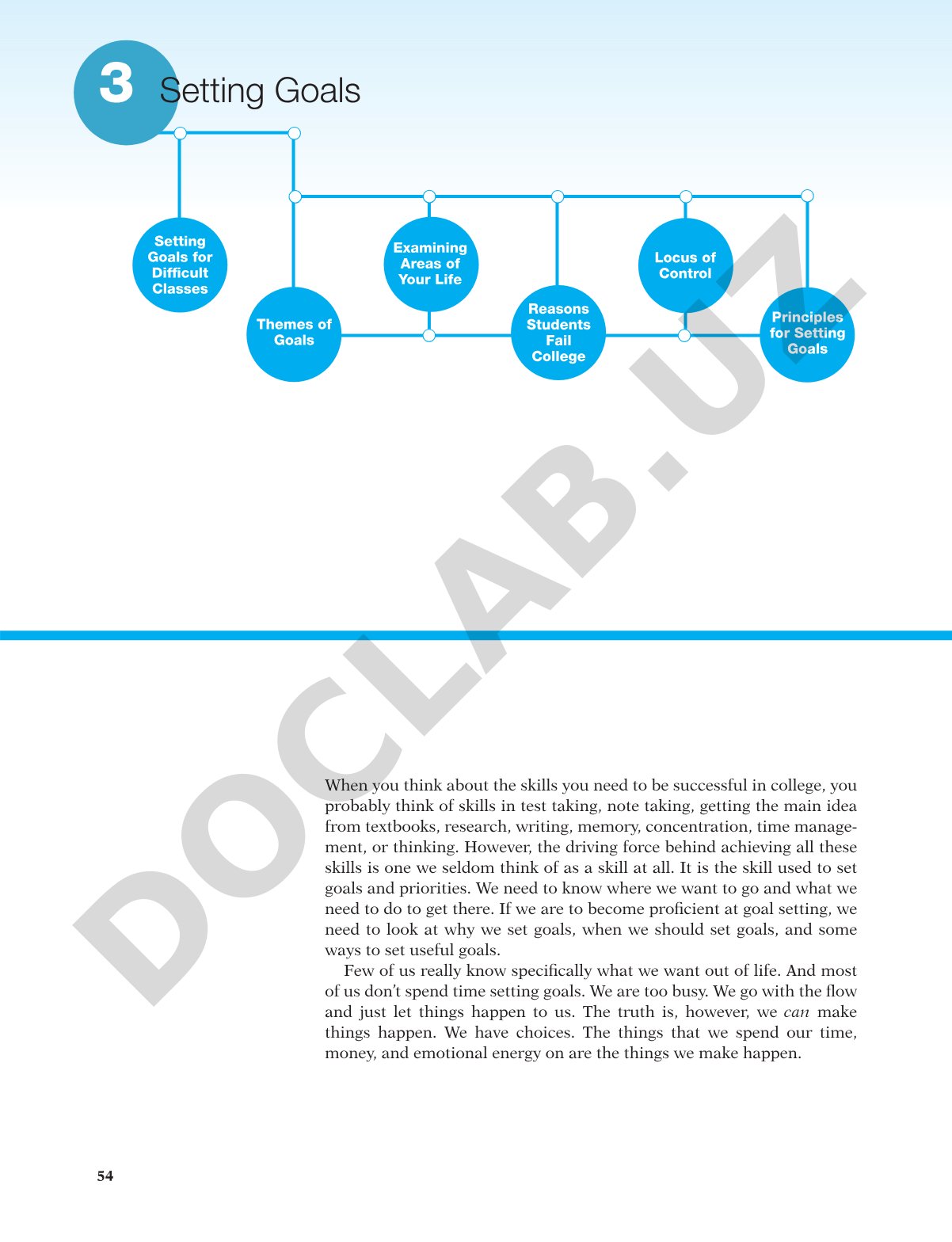 Chapter on setting goals, reasons students fail, themes, and principles