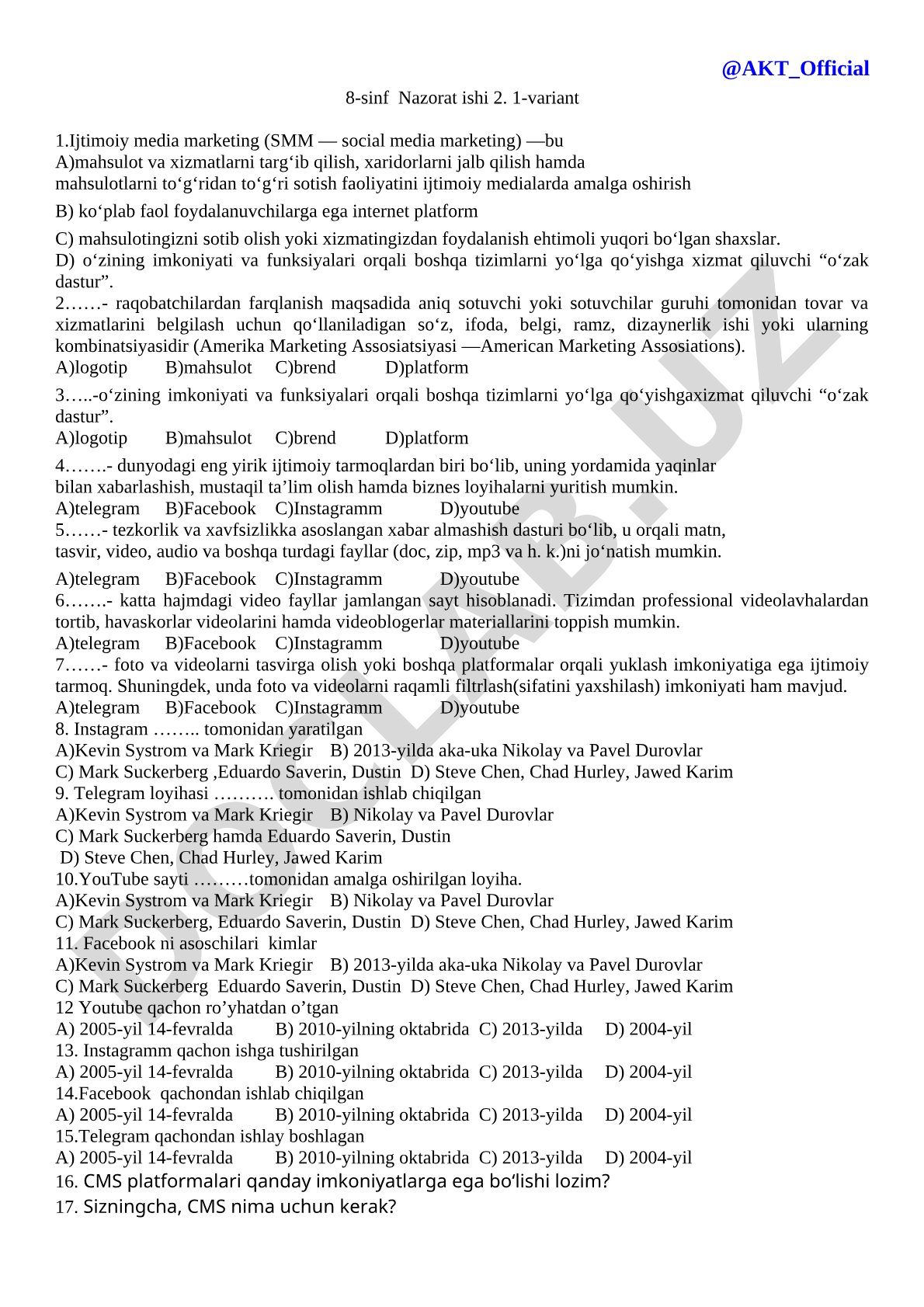 8-sinf Nazorat ishi 2. 1-variant