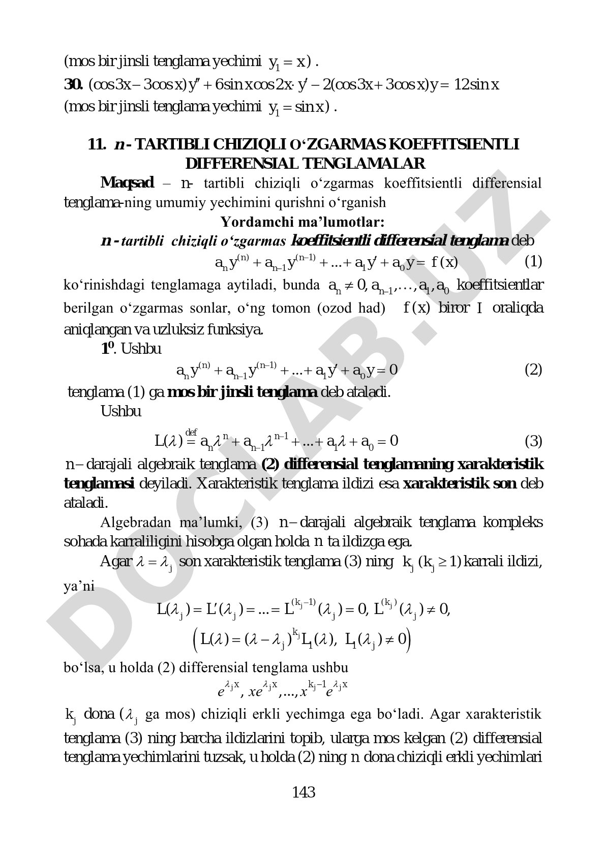 n-tartibli chiziqli o'zgarmas koeffitsientli differensial tenglamalar