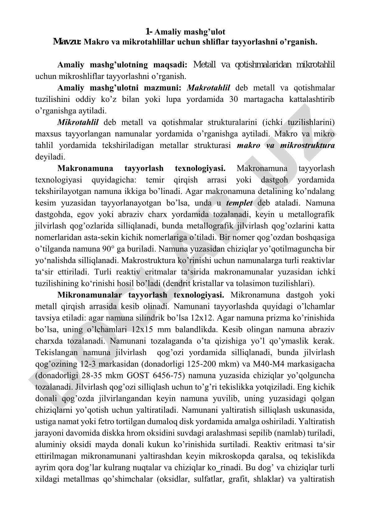 Makro va mikrotahlillar uchun shliflar tayyorlashni o'rganish