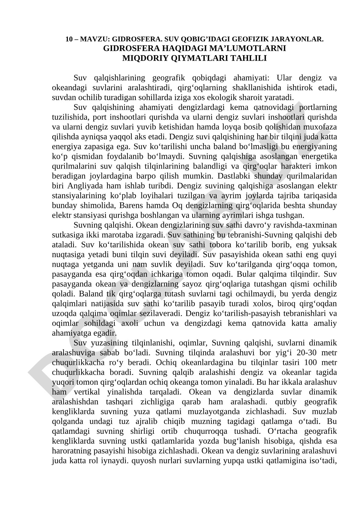 Gidrosfera. Suv qobig’idagi geofizik jarayonlar. Gidrosfera haqidagi ma’lumotlarni miqdoriy qiymatlari tahlili