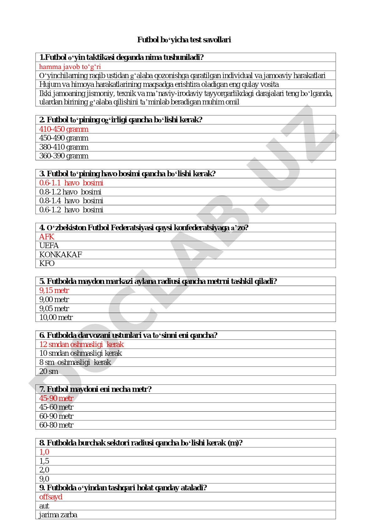 Futbol bo‘yicha test savollari