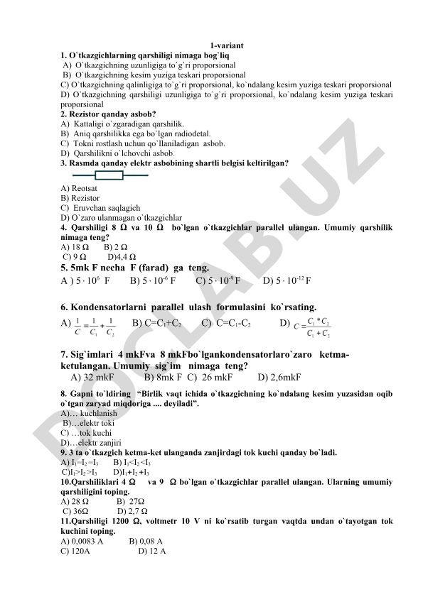 Fizika fanidan test savollari