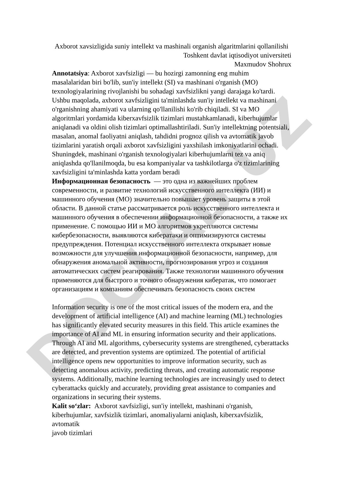 Axborot xavsizligida suniy intellekt va mashinali organish algaritmlarini qollanilishi