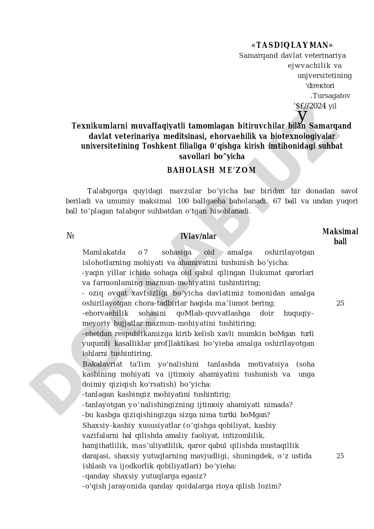 Texnikum bitiruvchilarini suhbat orqali baholash mezonlari