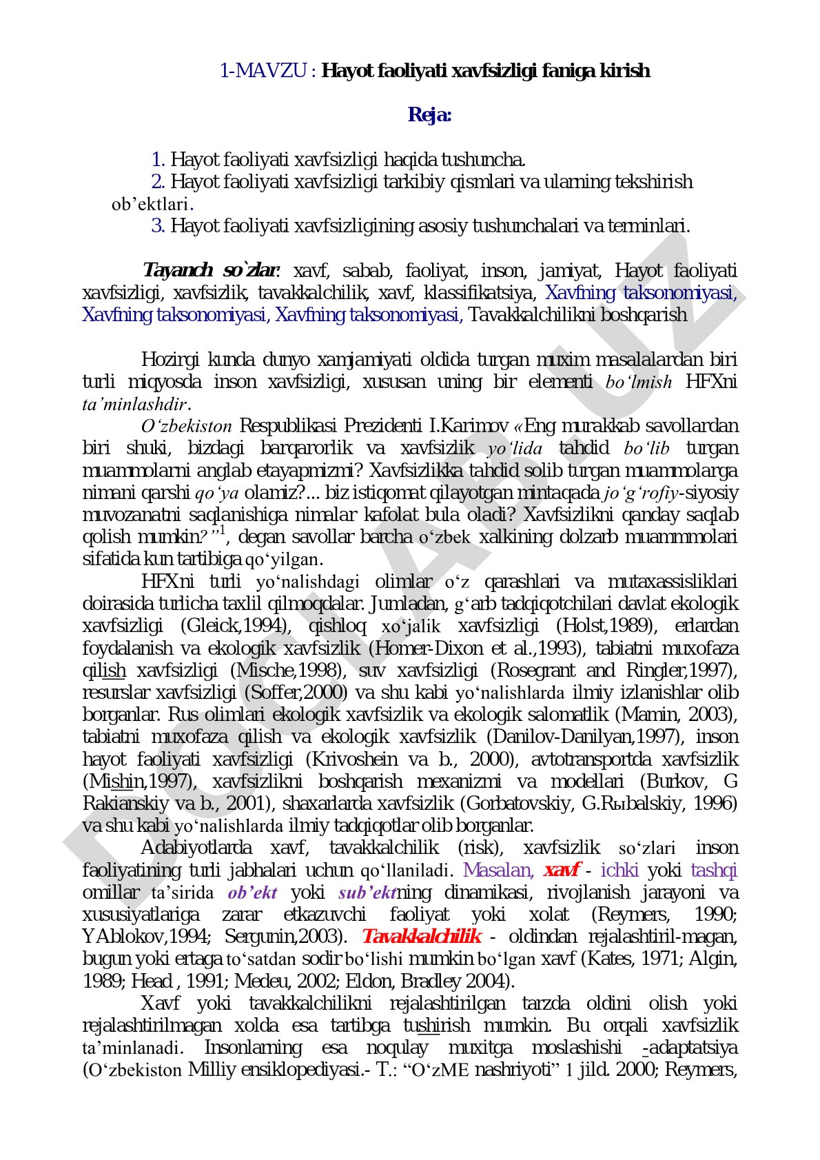 Hayot faoliyati xavfsizligi faniga kirish