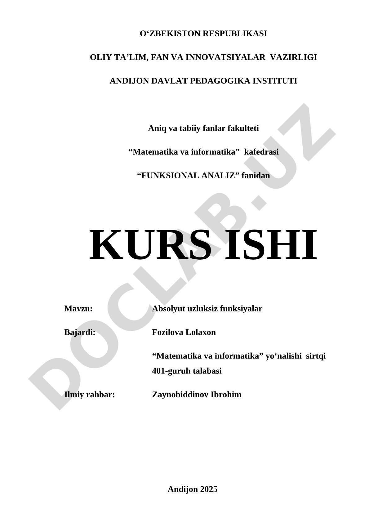 Kurs ishi: Absolyut uzluksiz funksiyalar tushunchasi, xossalari va asosiy teoremalari