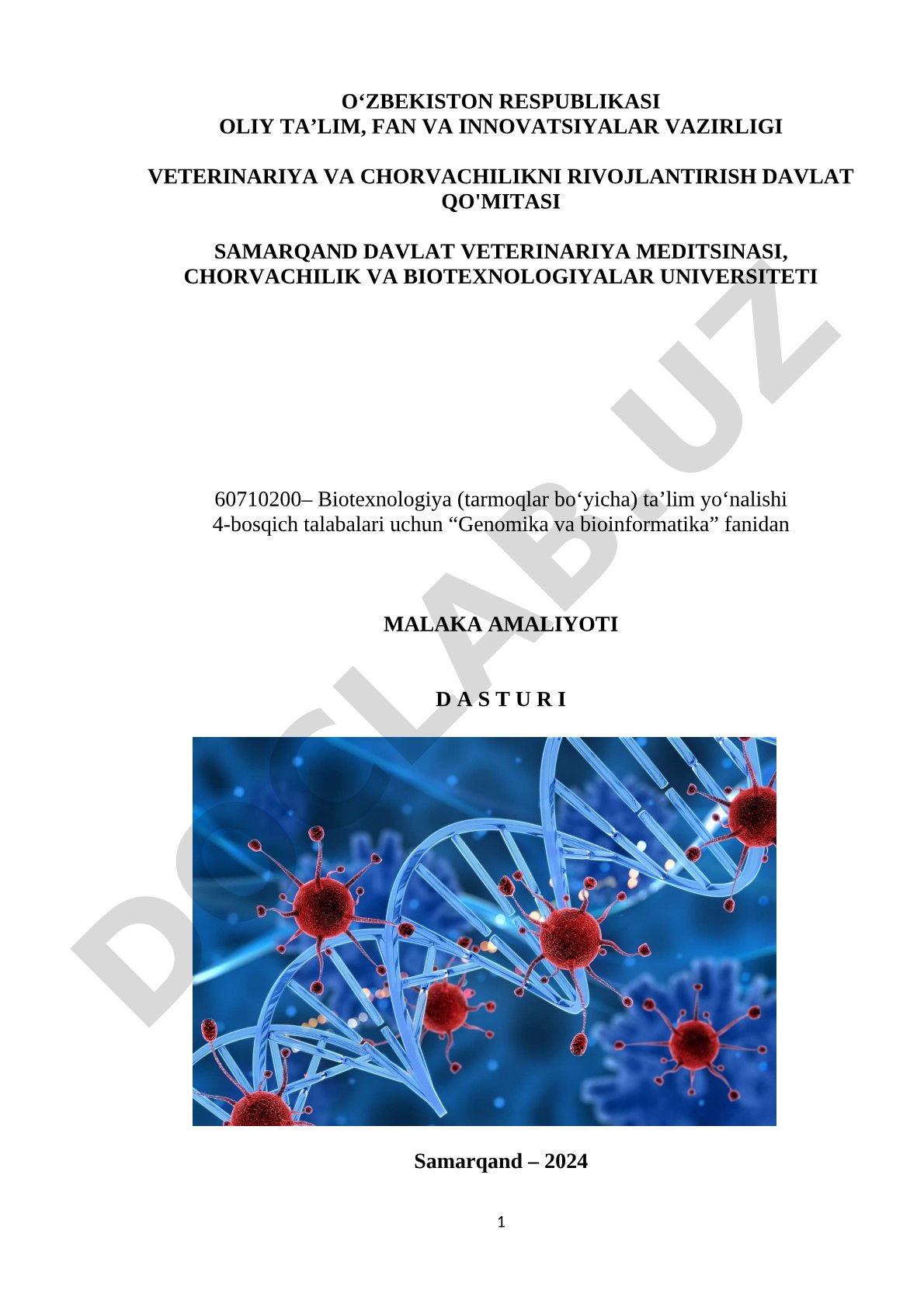 Genomika va bioinformatika fanidan malaka amaliyoti dasturi