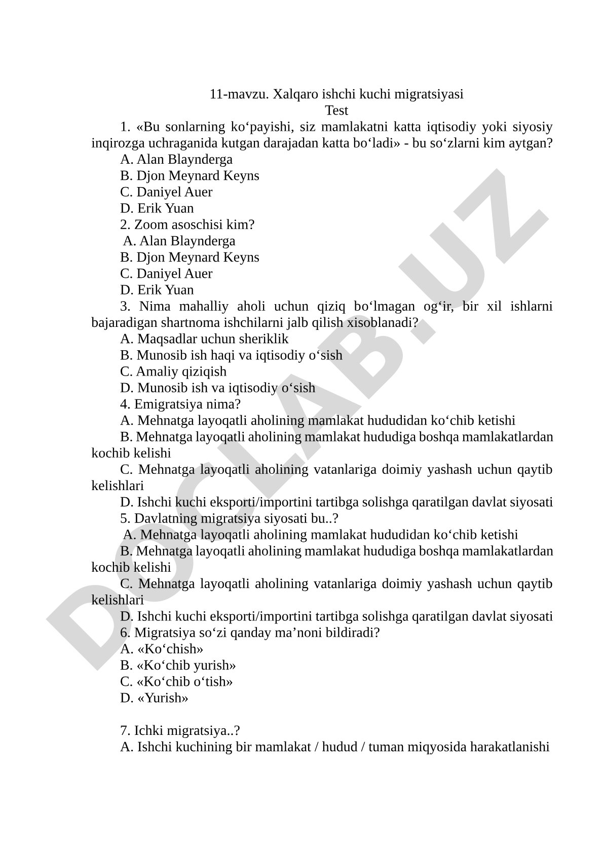 Xalqaro ishchi kuchi migratsiyasi Test 1