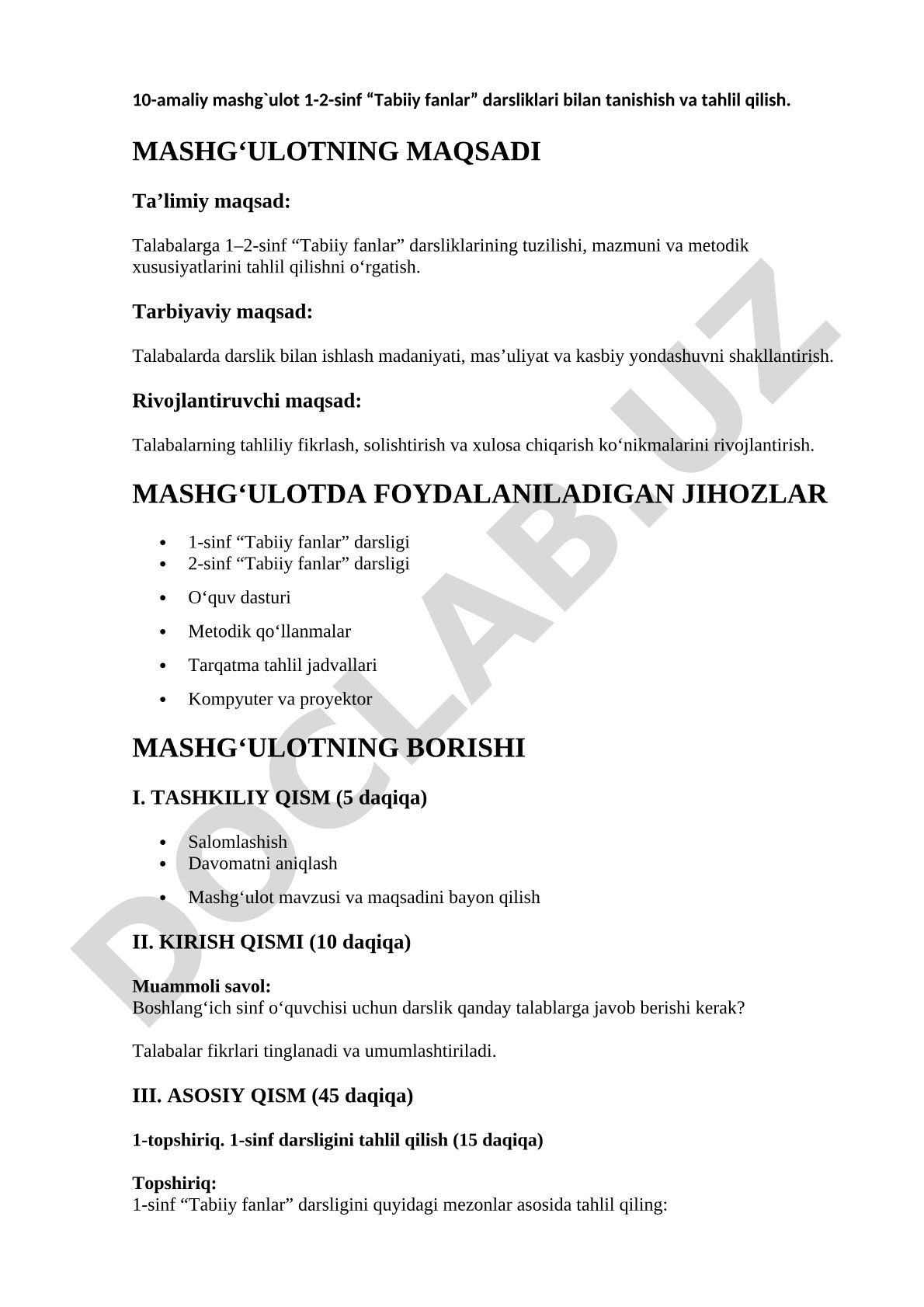 1-2-sinf Tabiiy fanlar darsliklari bilan tanishish va tahlil qilish