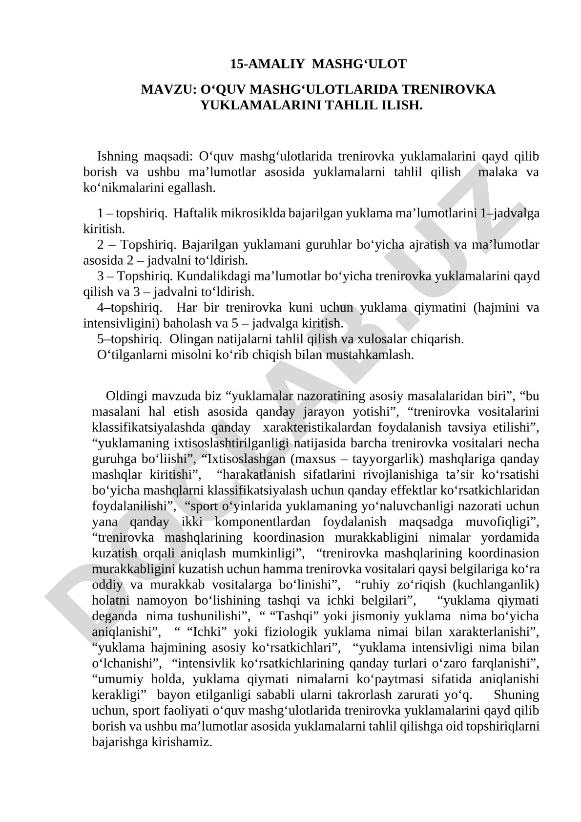 O‘quv mashg‘ulotlarida trenirovka yuklamalarini tahlil qilish