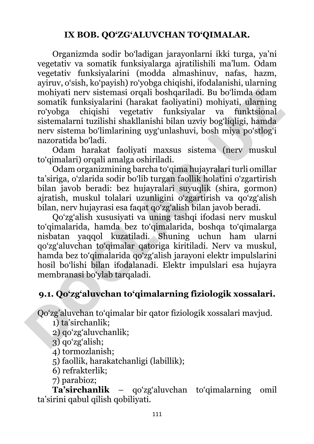 Odam somatik funksiyalari va qo‘zg‘aluvchan to‘qimalarning mohiyati